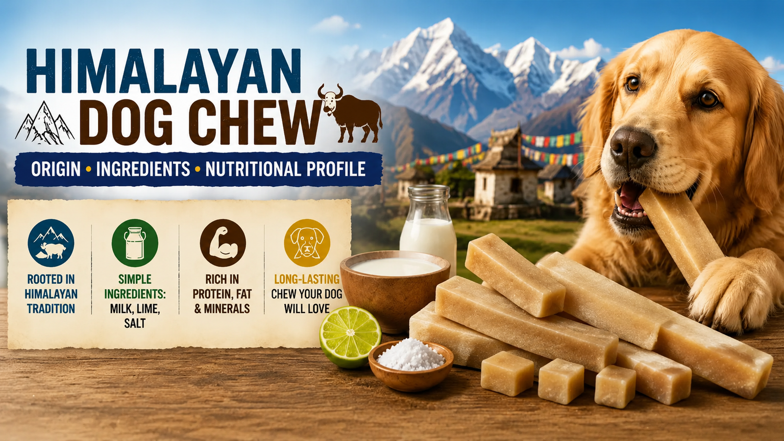 Dog chewing Himalayan dog chew with mountains and village in background, showing natural ingredients and nutritional benefits