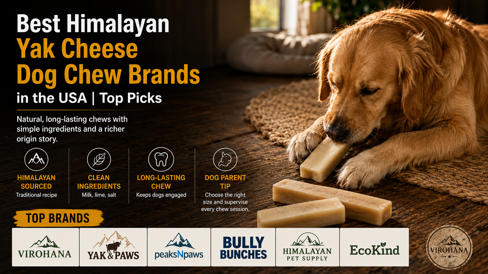 Golden retriever chewing Himalayan yak cheese dog chew sticks on wooden floor, showcasing best Himalayan yak cheese dog chews for aggressive chewers, long-lasting and natural treats with top brands like Virohana and Yak & Paws