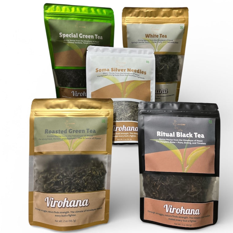 Collection of Virohana tea packages on a white background