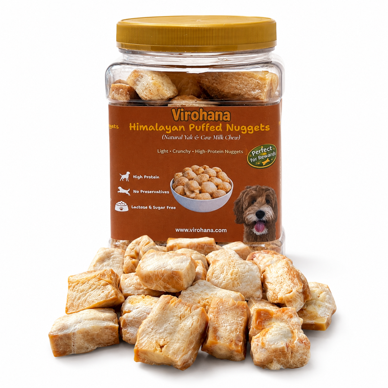 Jar of Virohana Himalayan Puffed Nuggets with lid off, showing treats on a white background