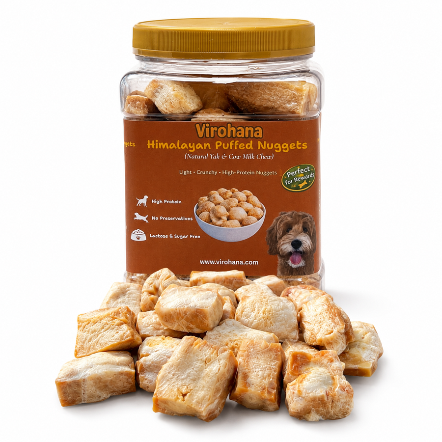 Jar of Virohana Himalayan Puffed Nuggets with lid off, showing treats on a white background
