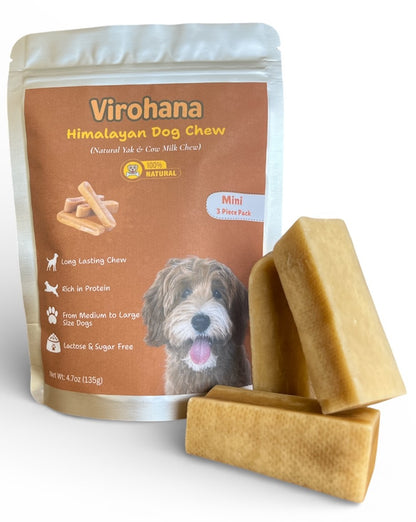 Virohana Himalayan Dog Chew packaging with two chews on a white background