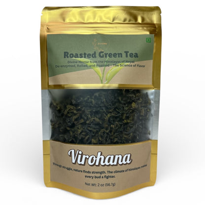 Packaged roasted green tea from Virohana on a white background