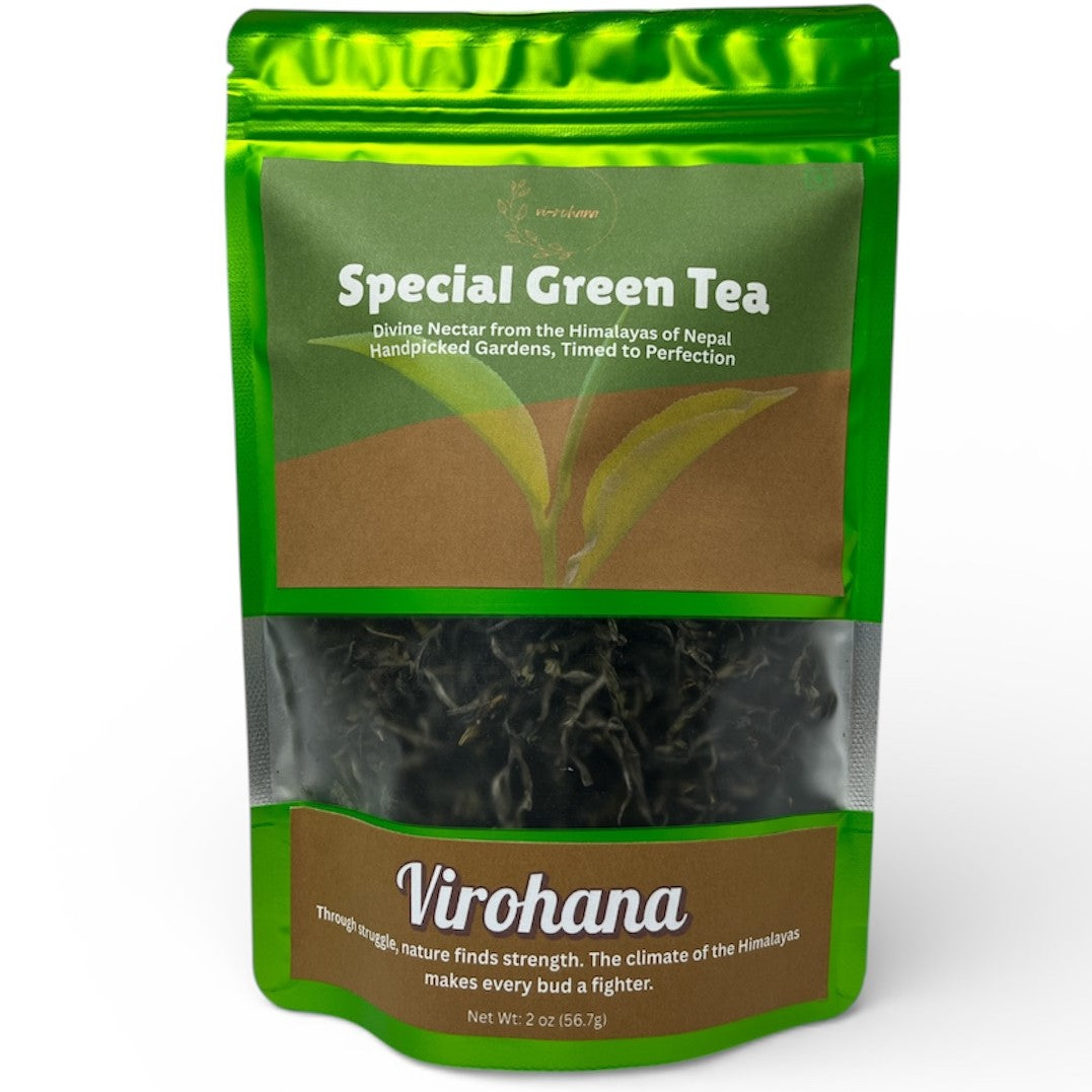 Green tea package with 'Special Green Tea' text and Virohana branding on a white background