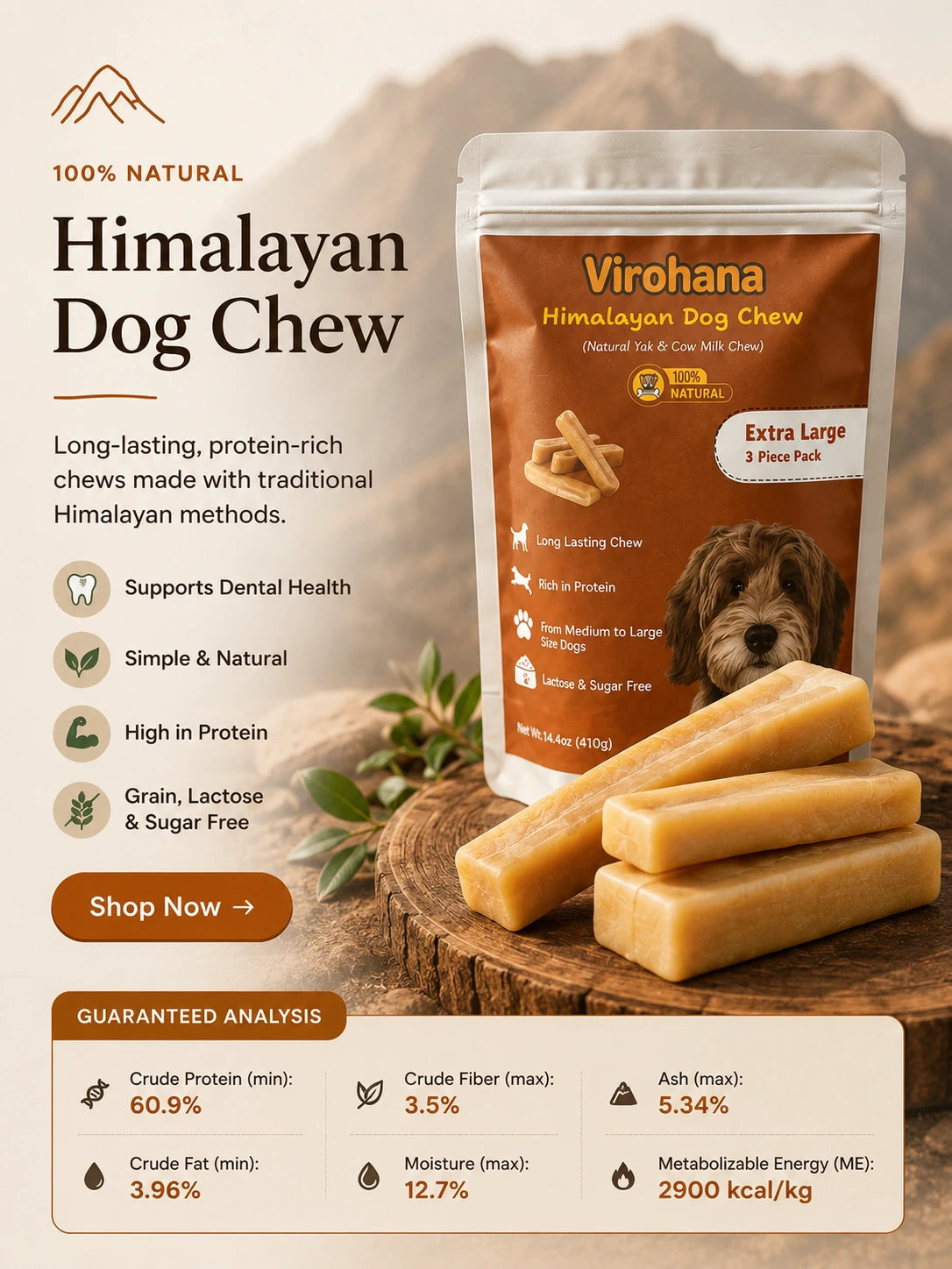 virohana dog chew with soft background and information about benefits of dog chew