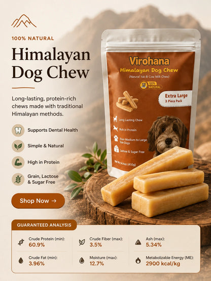 virohana dog chew with soft background and information about benefits of dog chew