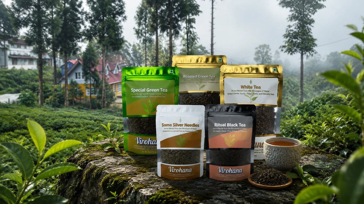 Tea packages with a scenic background of trees and houses.