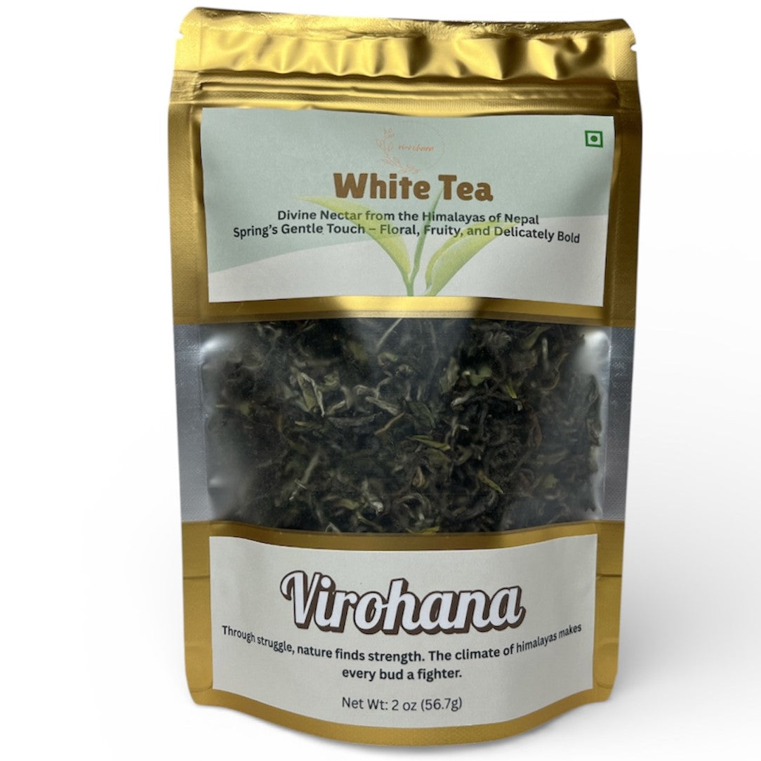 Packaged white tea with Virohana branding on a white background