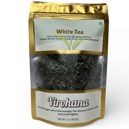 Packaged white tea with Virohana branding on a white background