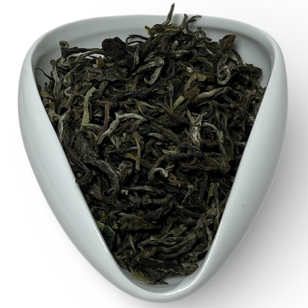 Dry green tea leaves in a white triangular container on a white background
