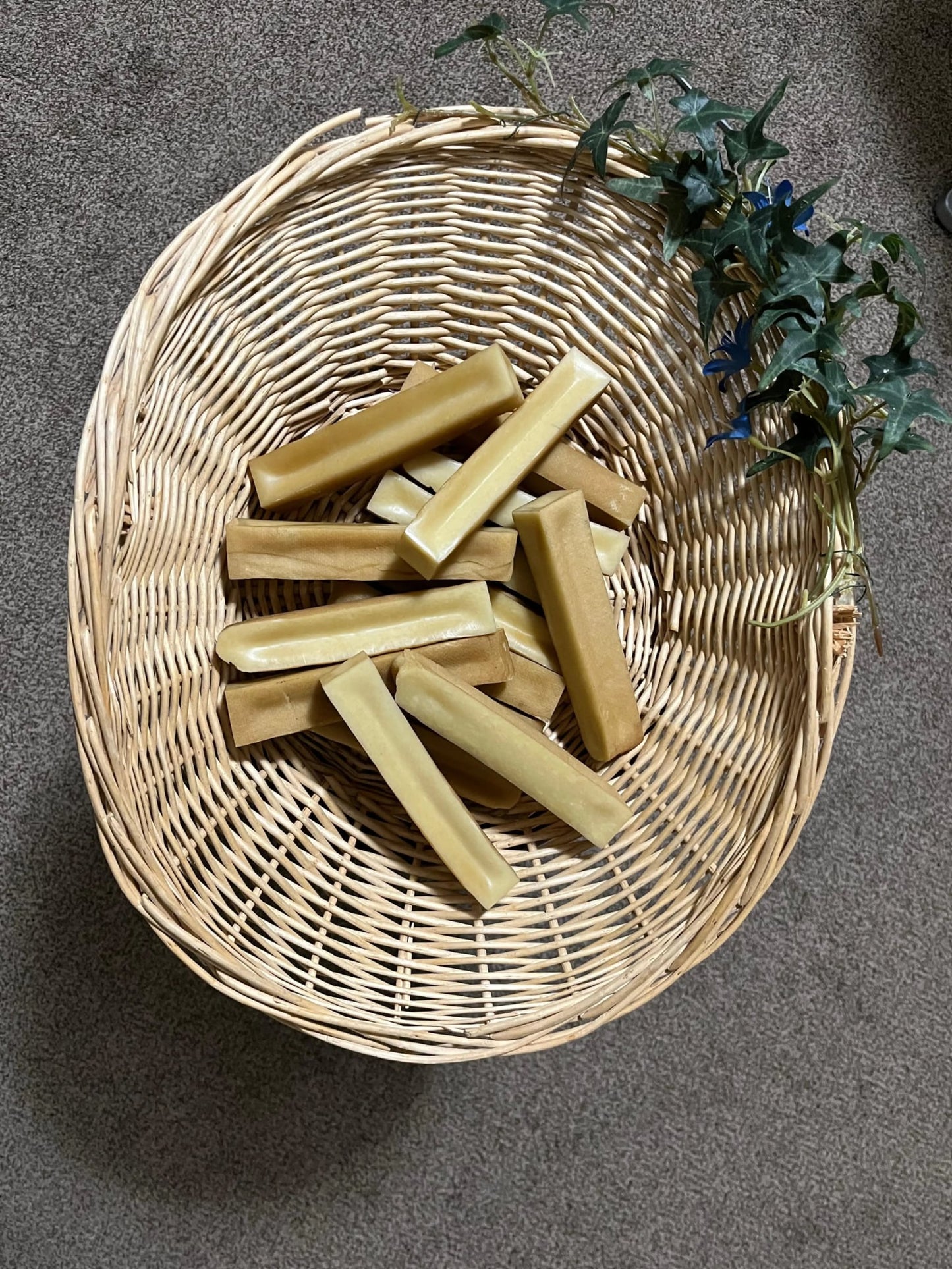 Wicker basket with 
dog chew