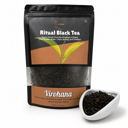 Virohana Ritual Black Tea package with a small bowl of tea leaves on a white background