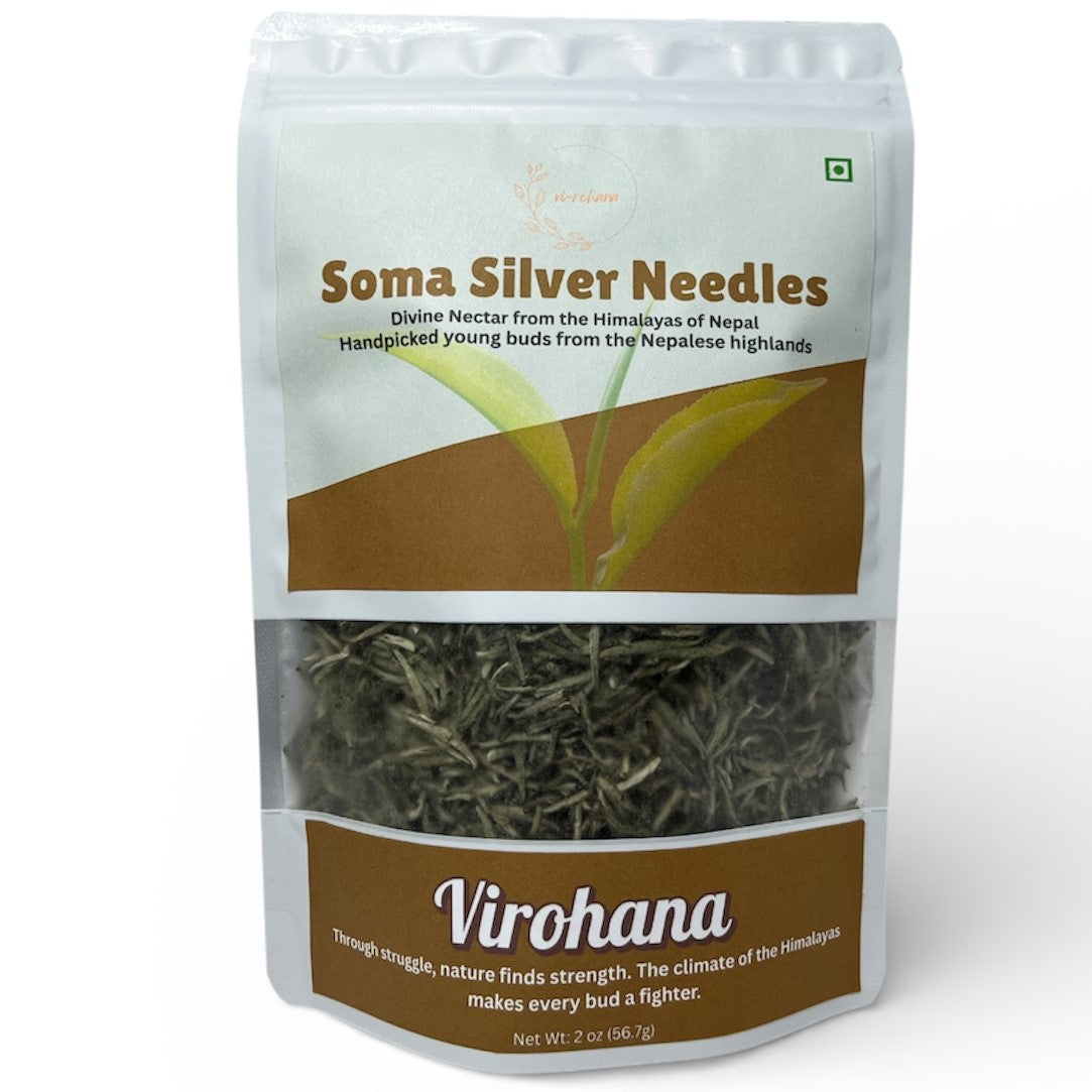 Packaged tea labeled 'Soma Silver Needles' by Virohana on a white background