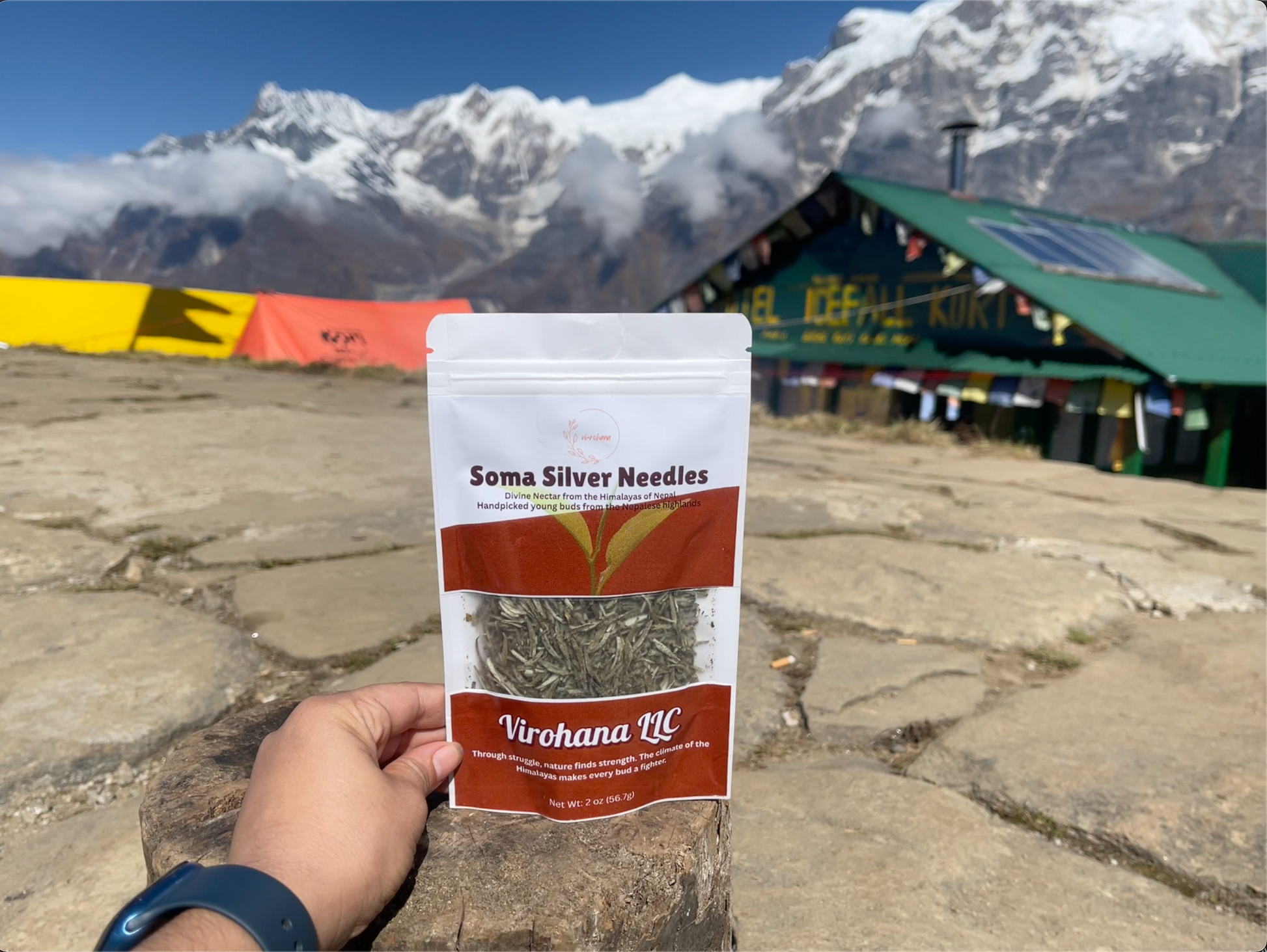 Soma Silver Needles package held in front of a mountainous landscape with a building in the background.