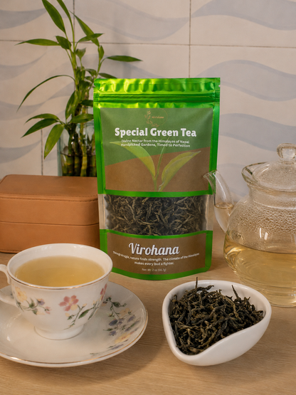 Special Green Tea package with a cup of tea, teapot, and bowl of tea leaves on a wooden surface.