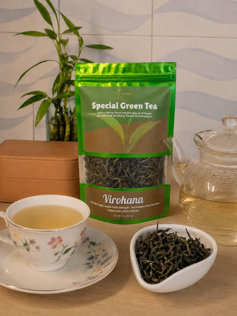 Special Green Tea package with a cup of tea, teapot, and bowl of tea leaves on a wooden surface.