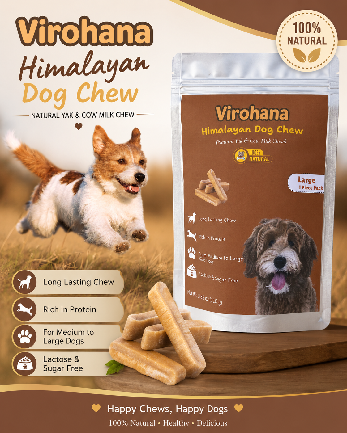 Virohana Himalayan Dog Chew packaging with a dog running and another dog on a wooden board, featuring product details.