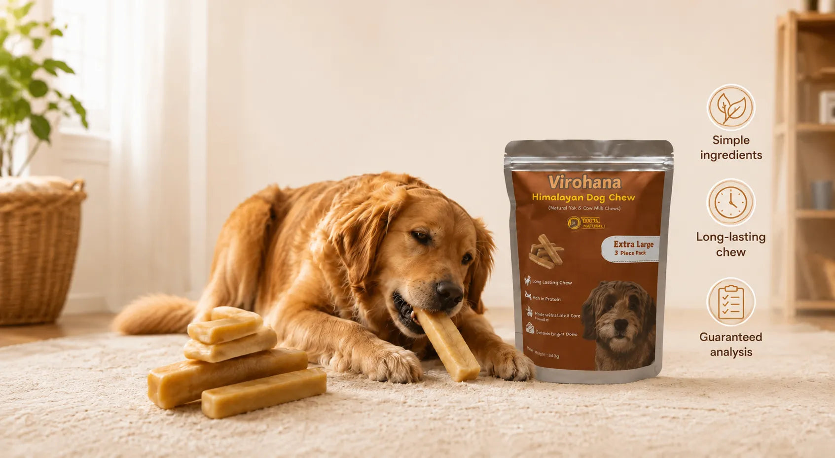 Dog chewing on a treat next to a package of Virchona dog chews in a home setting.