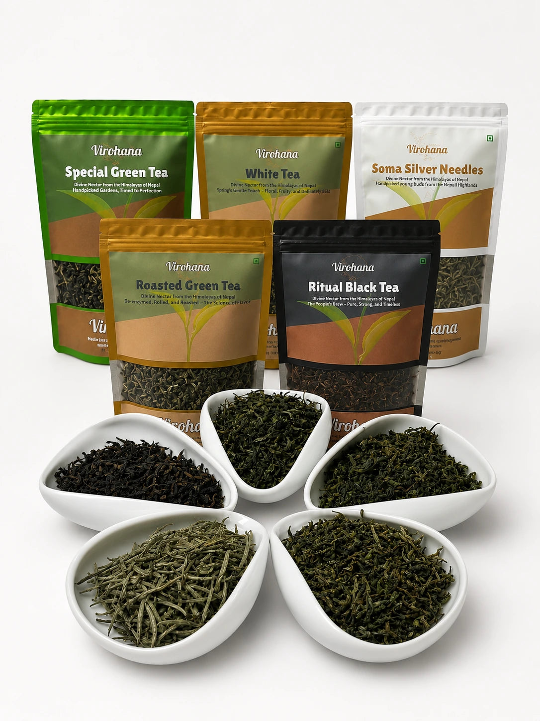Assorted Virshana tea packages with visible tea leaves on a white background